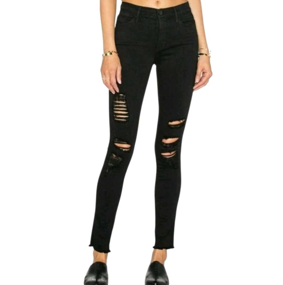 Frame Jeans Size 27 Black Le Skinny De Jeanne Crop Mid Rise Ripped Denim